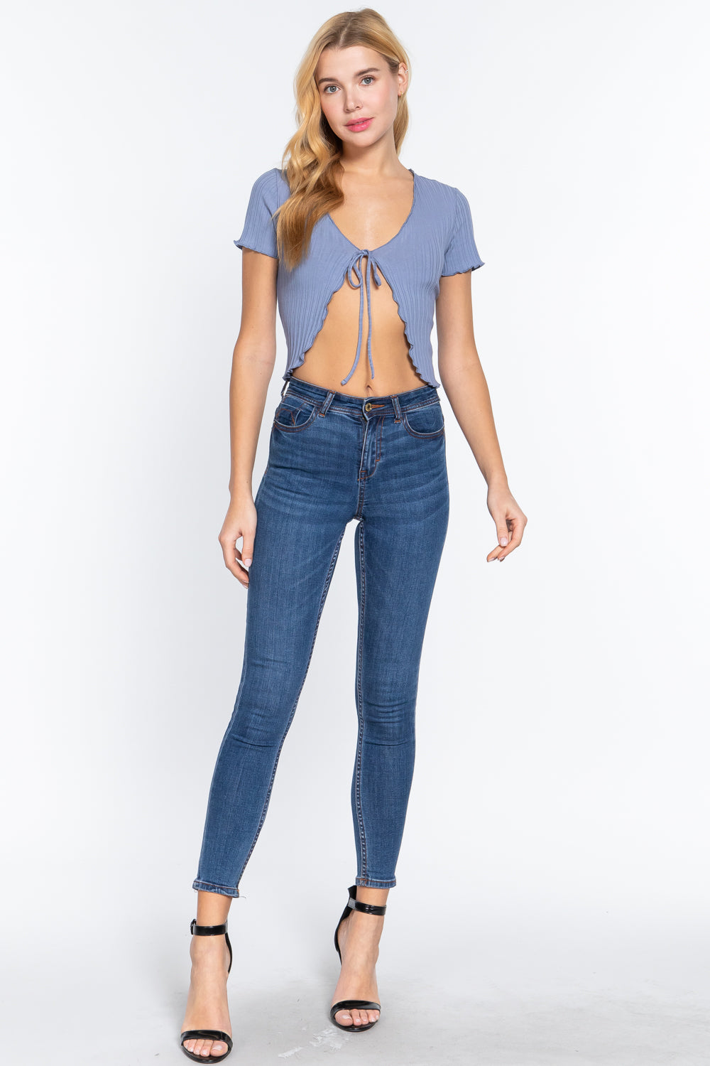 Women's Short Sleeve Front Tie Lettuce Edge Variegated Rib Crop Cardigan Sweater