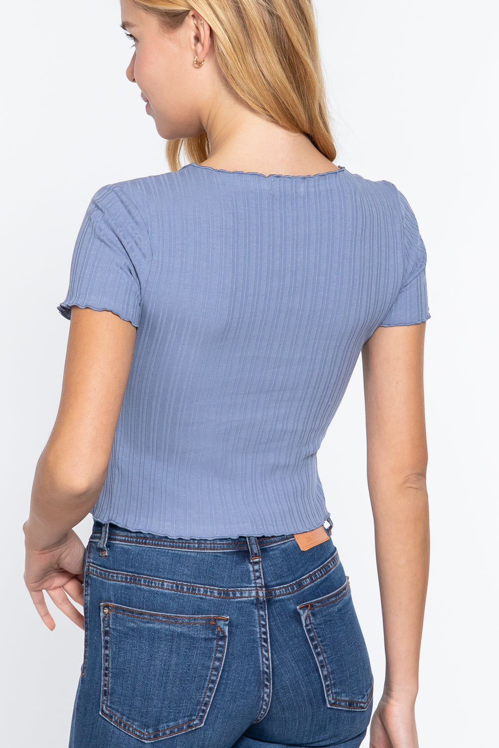 Women's Short Sleeve Front Tie Lettuce Edge Variegated Rib Crop Cardigan Sweater