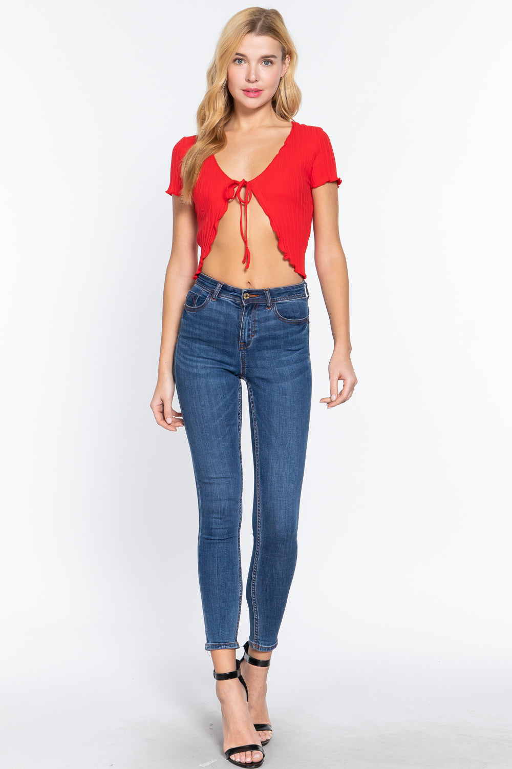 Women's Short Sleeve Front Tie Lettuce Edge Variegated Rib Crop Cardigan Sweater