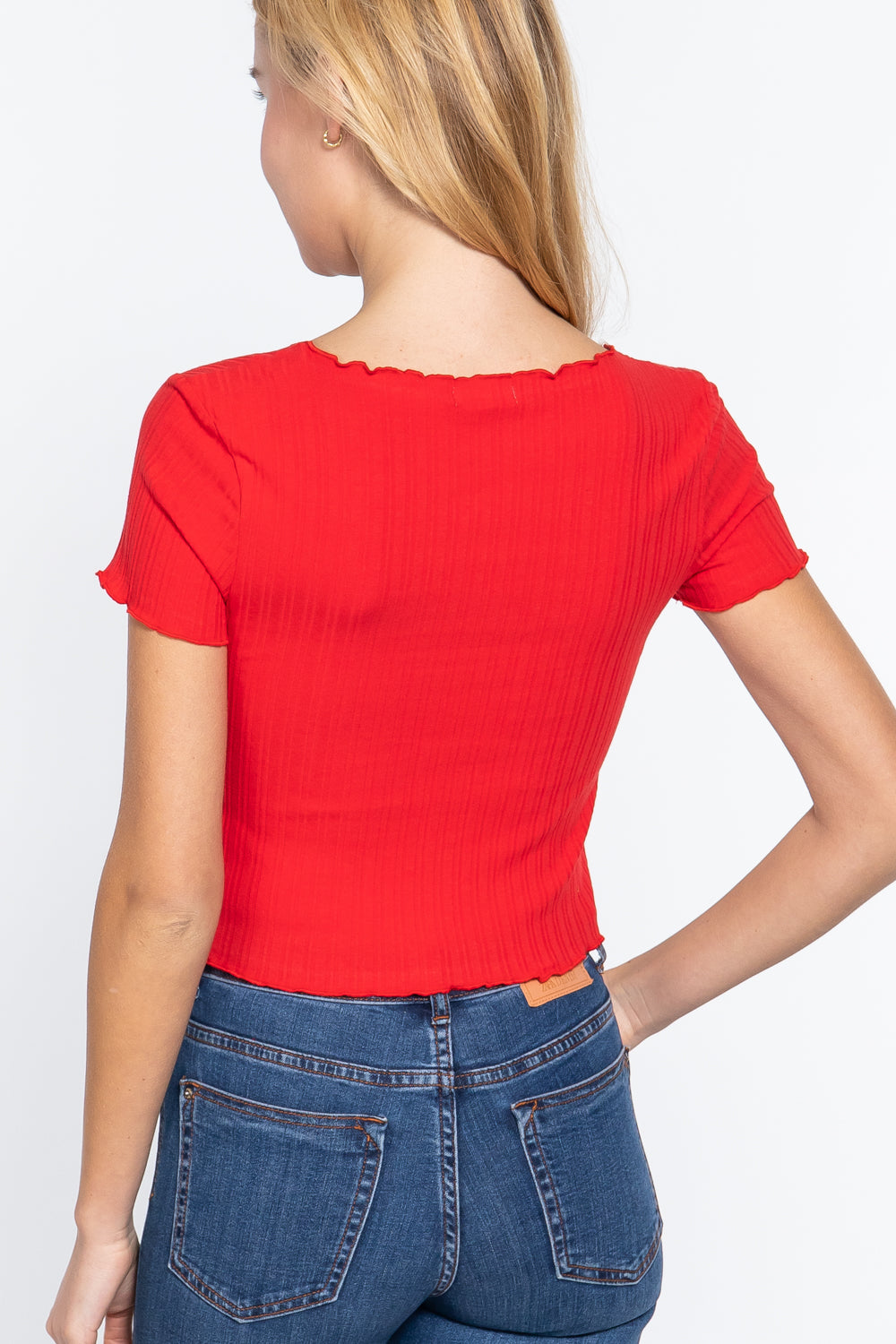 Women's Short Sleeve Front Tie Lettuce Edge Variegated Rib Crop Cardigan Sweater