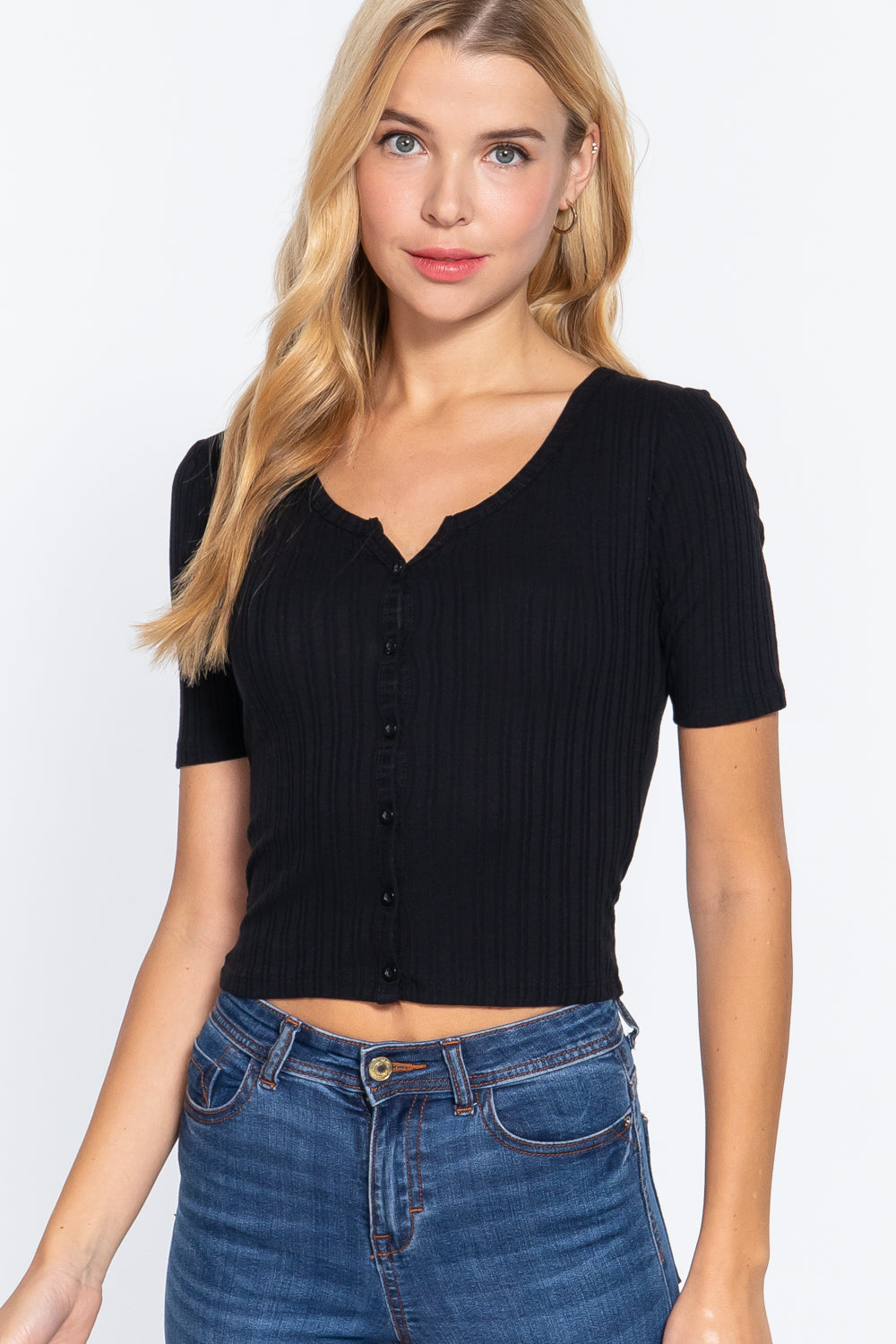 Women Elbow Sleeve Henley Neck Variegated Rib Crop Button Down Cardigan Sweater