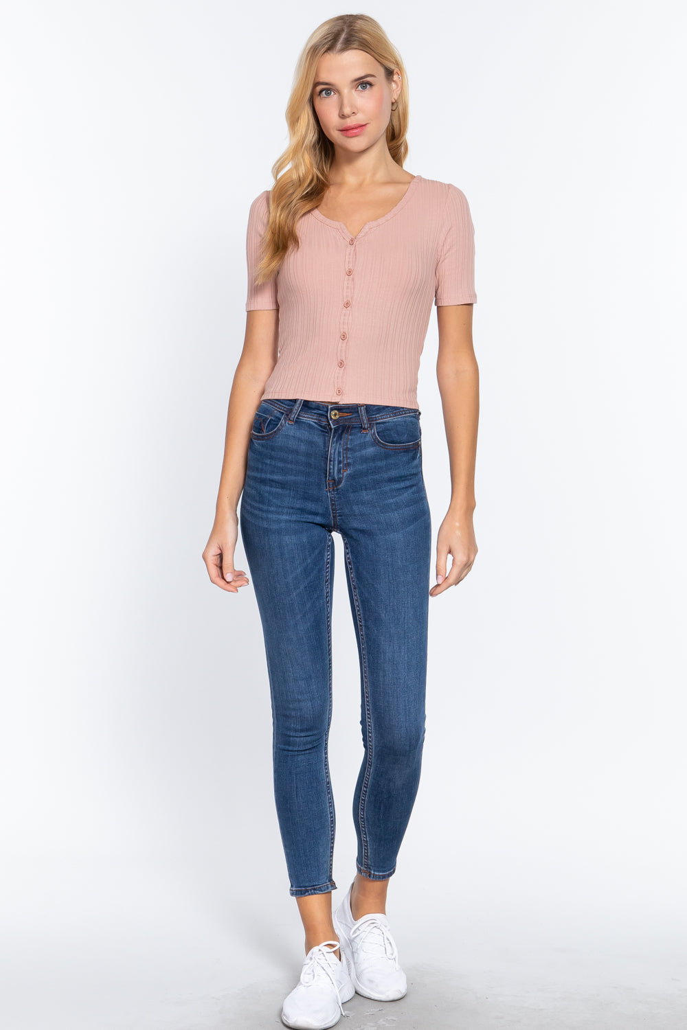 Women Elbow Sleeve Henley Neck Variegated Rib Crop Button Down Cardigan Sweater