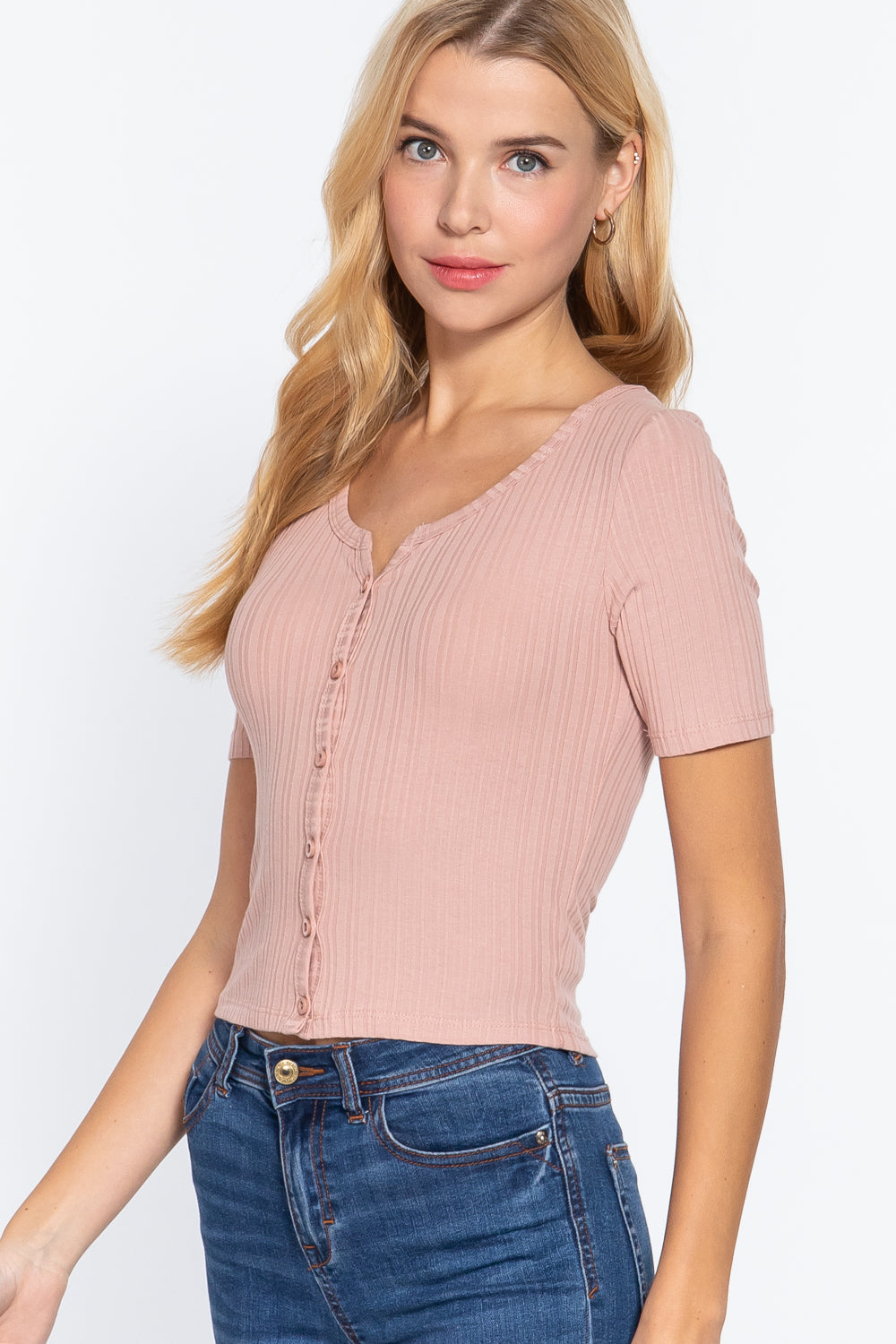 Women Elbow Sleeve Henley Neck Variegated Rib Crop Button Down Cardigan Sweater