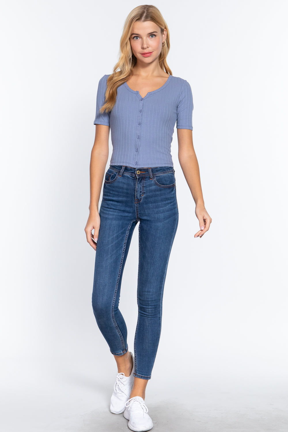 Women Elbow Sleeve Henley Neck Variegated Rib Crop Button Down Cardigan Sweater