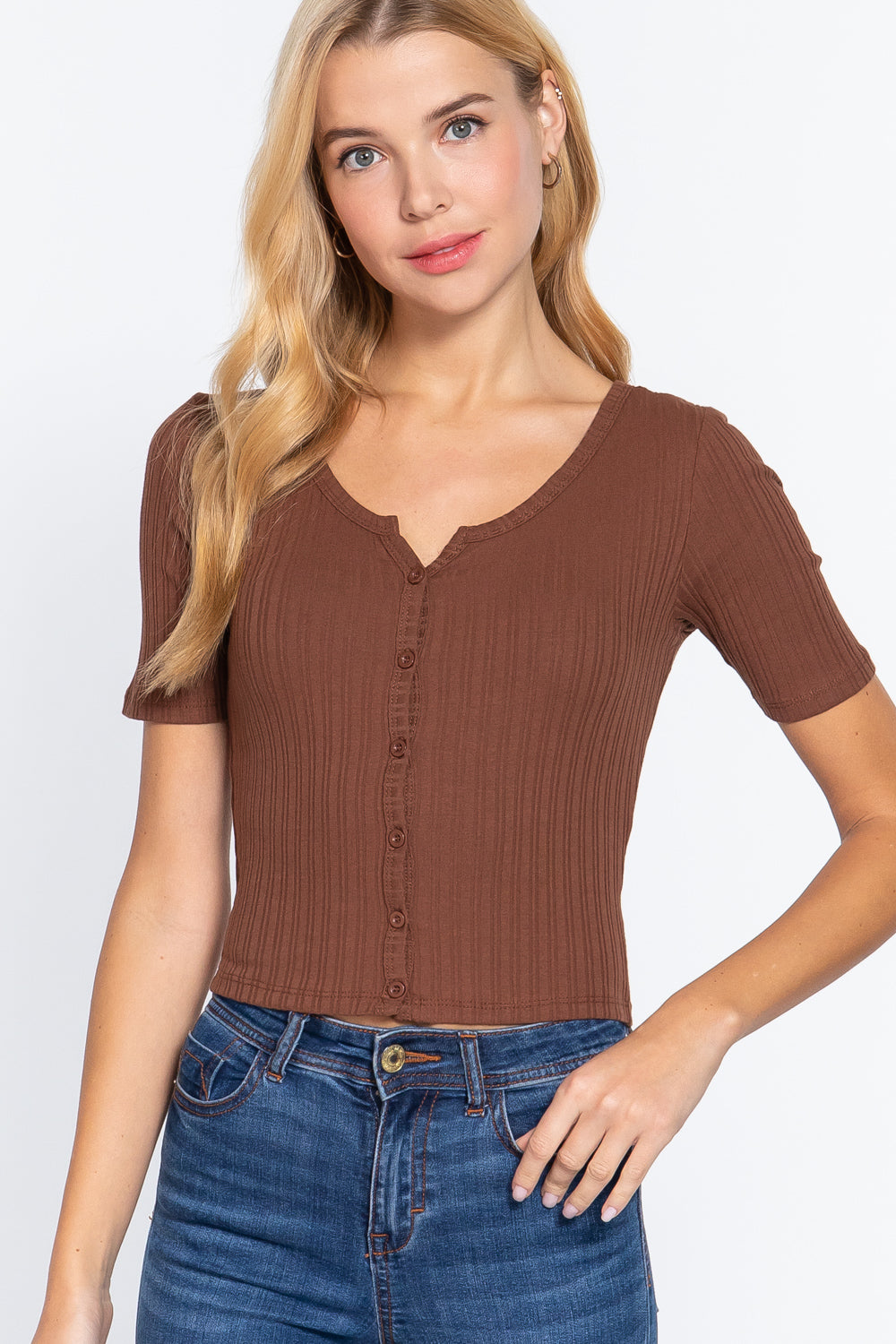 Women Elbow Sleeve Henley Neck Variegated Rib Crop Button Down Cardigan Sweater