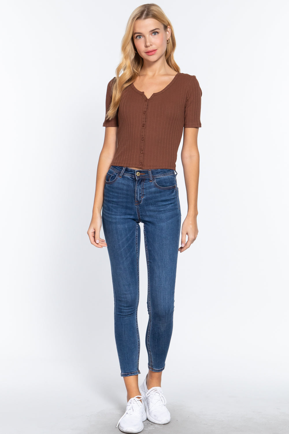 Women Elbow Sleeve Henley Neck Variegated Rib Crop Button Down Cardigan Sweater