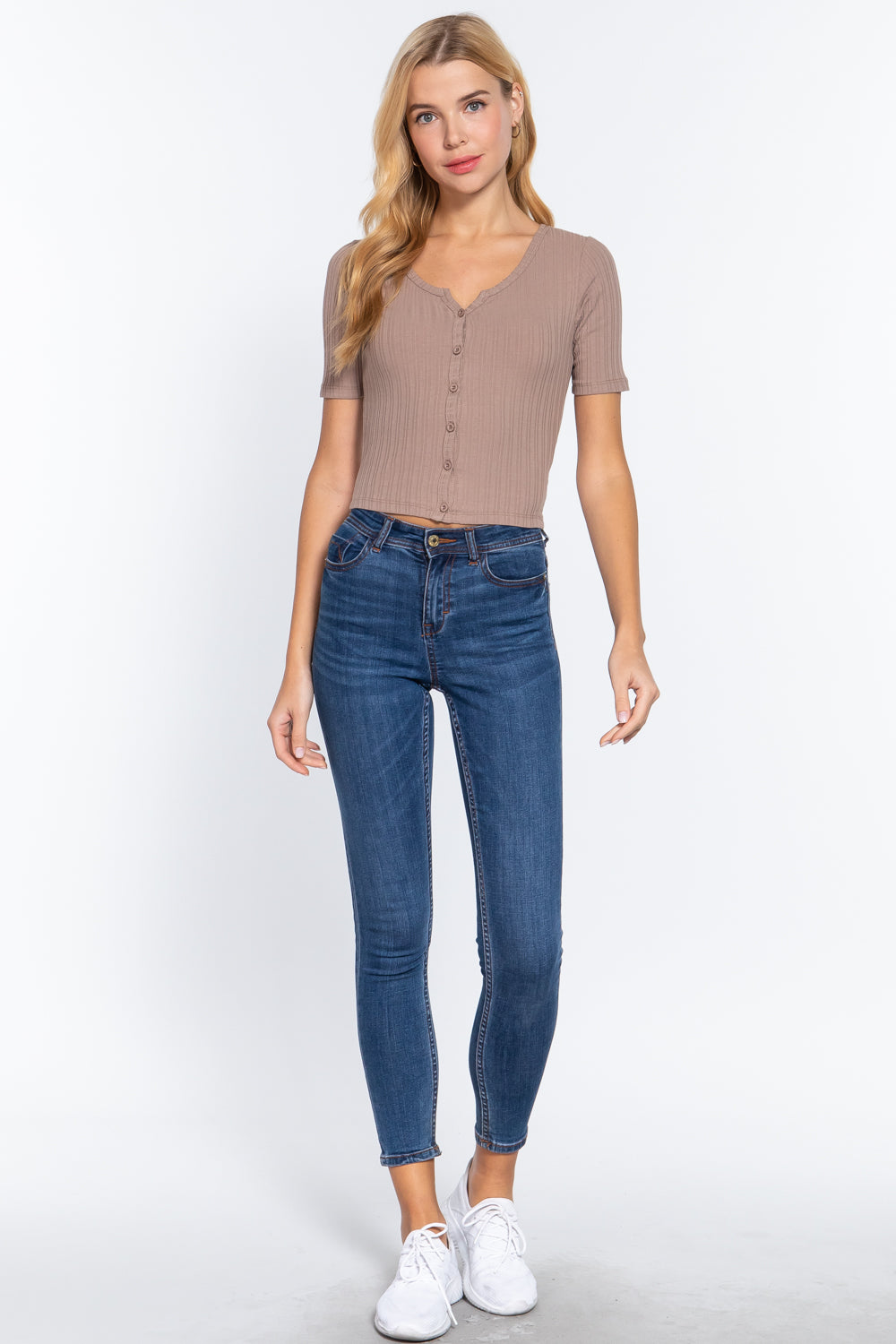 Women Elbow Sleeve Henley Neck Variegated Rib Crop Button Down Cardigan Sweater