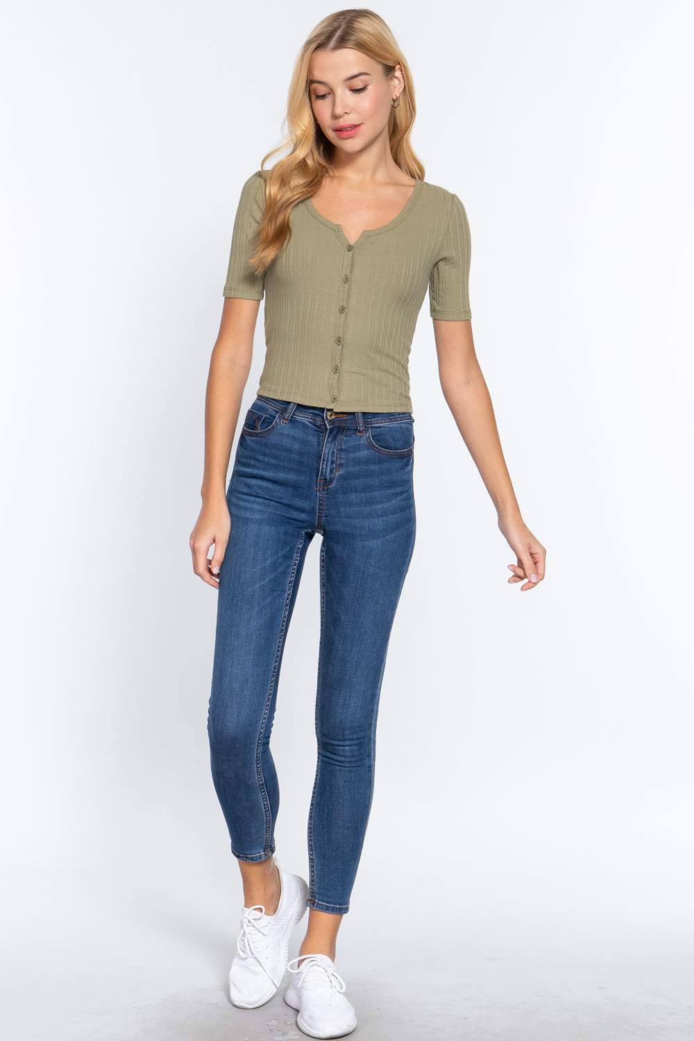 Women Elbow Sleeve Henley Neck Variegated Rib Crop Button Down Cardigan Sweater