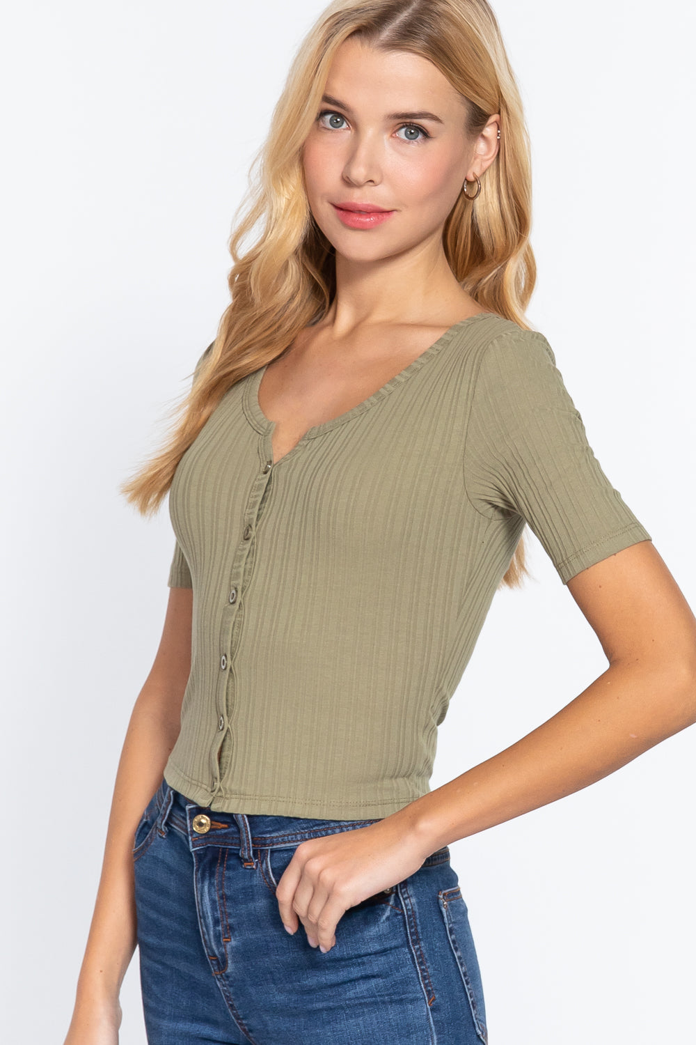 Women Elbow Sleeve Henley Neck Variegated Rib Crop Button Down Cardigan Sweater