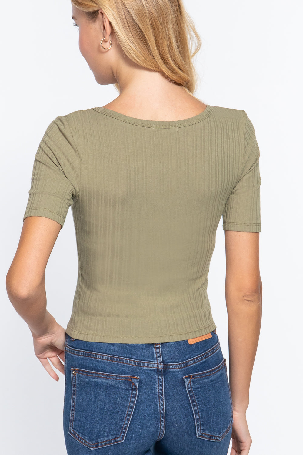 Women Elbow Sleeve Henley Neck Variegated Rib Crop Button Down Cardigan Sweater