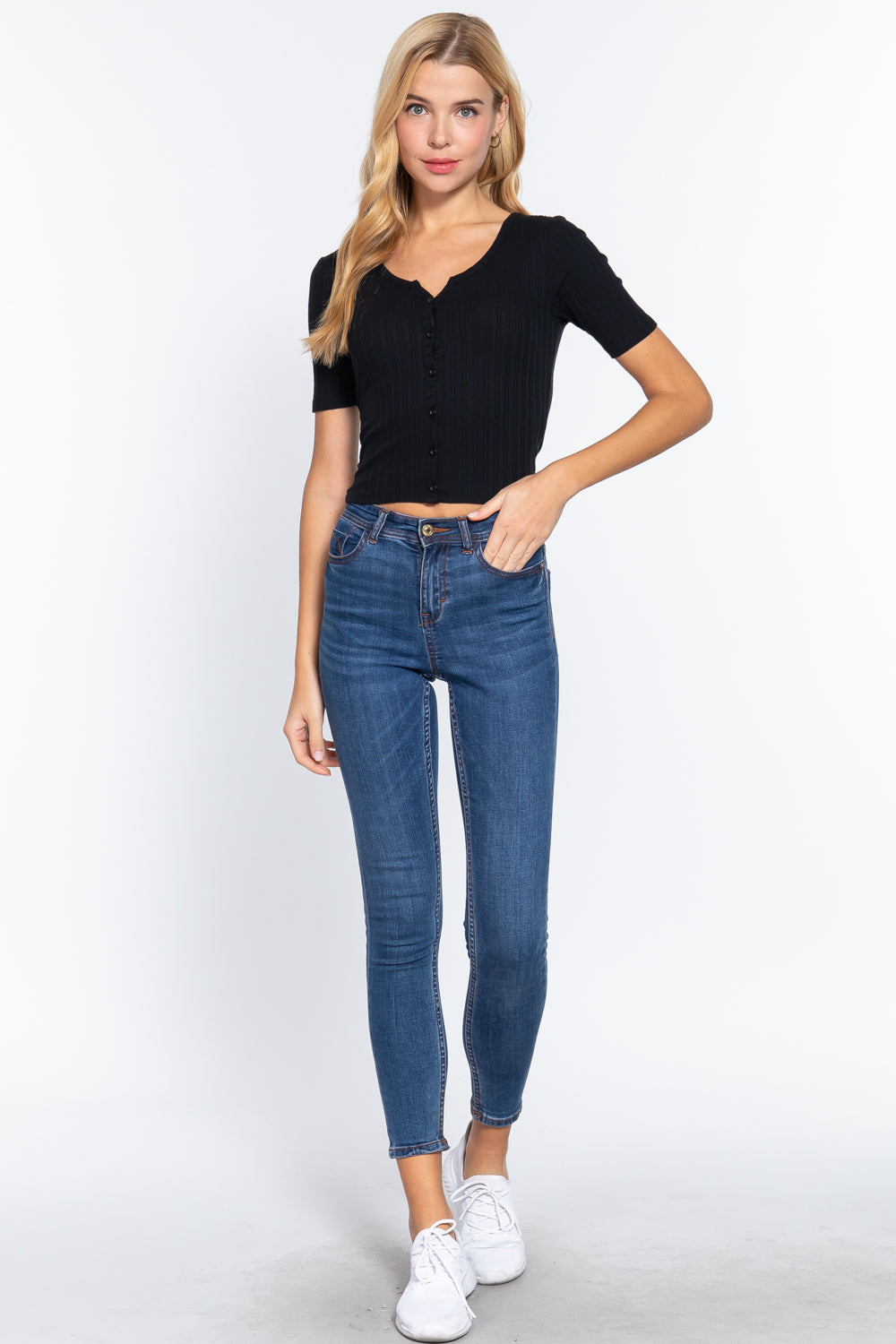 Women Elbow Sleeve Henley Neck Variegated Rib Crop Button Down Cardigan Sweater