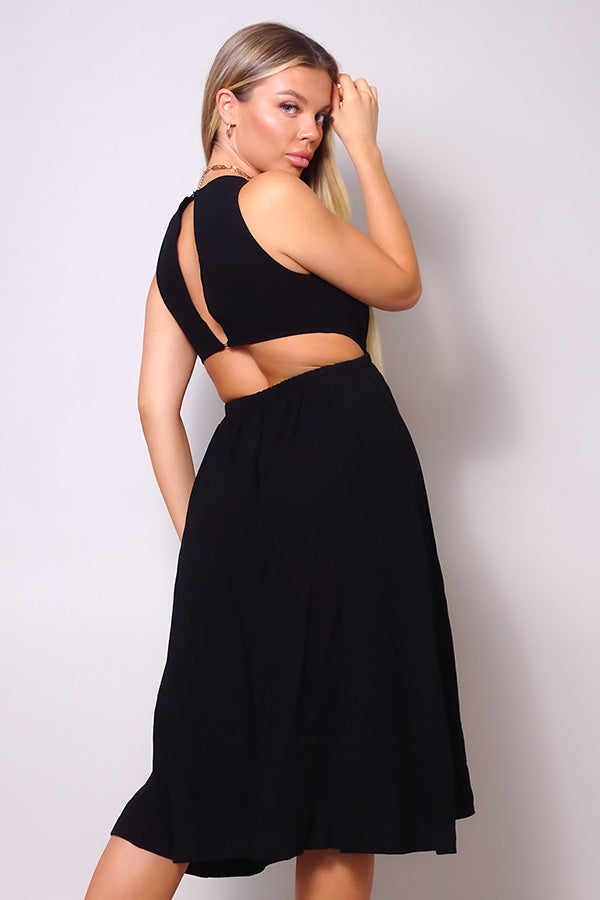 Women's Back Cutout Linen Midi Dress Round Neck Sleeveless Tank Top Flared Skirt