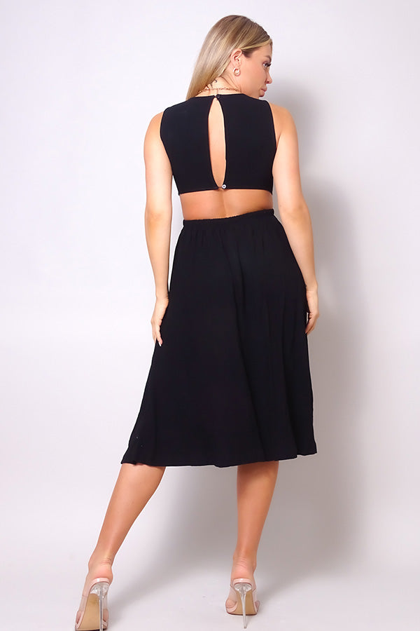Women's Back Cutout Linen Midi Dress Round Neck Sleeveless Tank Top Flared Skirt
