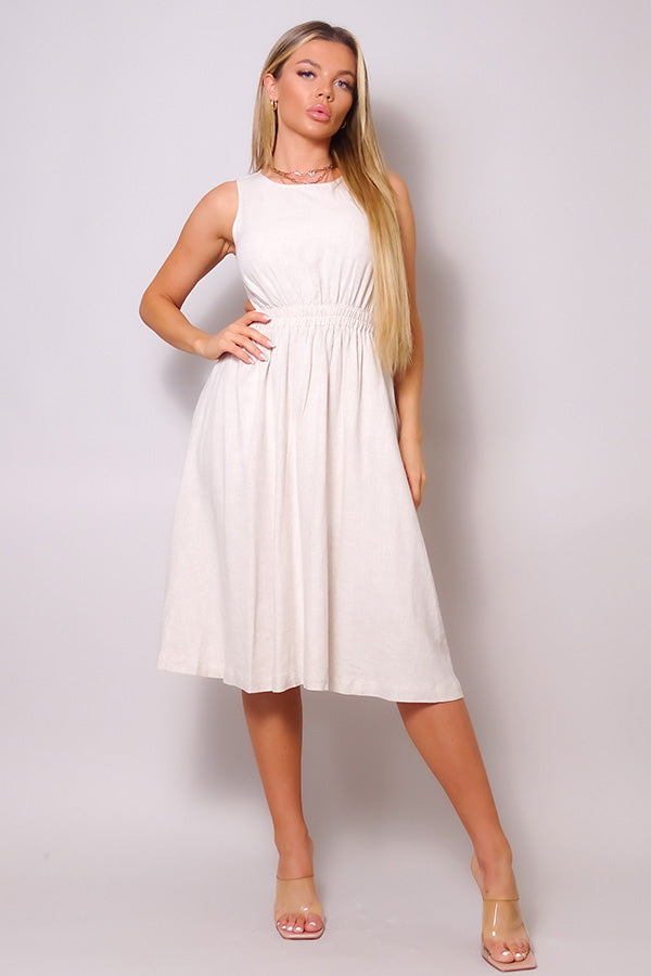 Women's Back Cutout Linen Midi Dress Round Neck Sleeveless Tank Top Flared Skirt