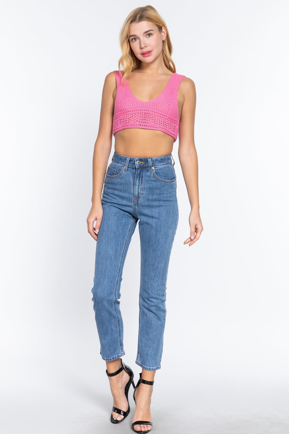 Women's Sleeveless V-neck Textured Crop Sweater Knit Top Cotton Soft Tank