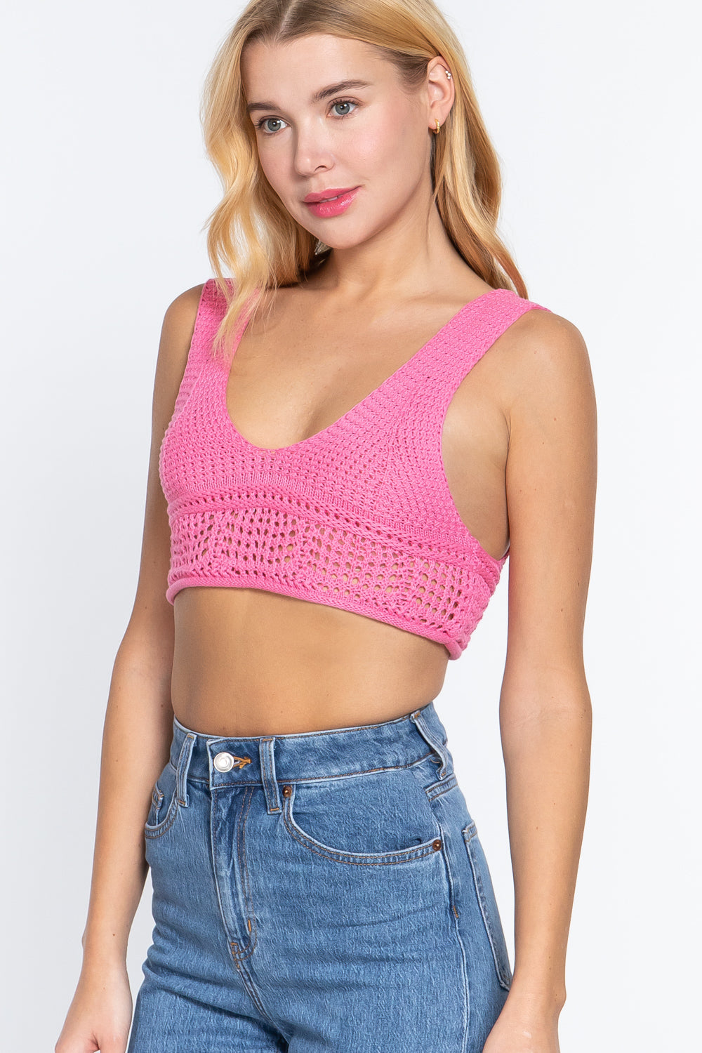 Women's Sleeveless V-neck Textured Crop Sweater Knit Top Cotton Soft Tank