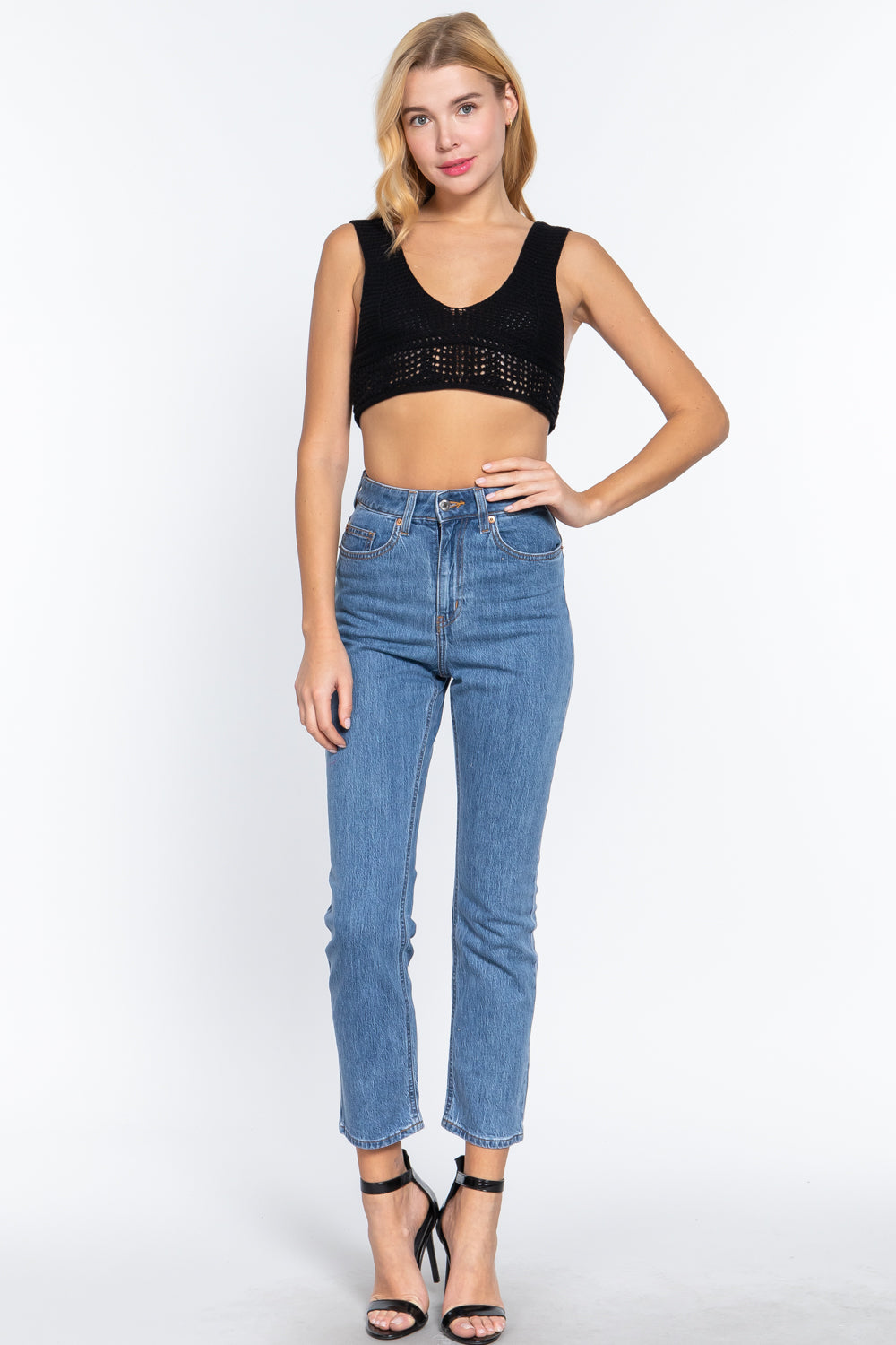 Women's Sleeveless V-neck Textured Crop Sweater Knit Top Cotton Soft Tank