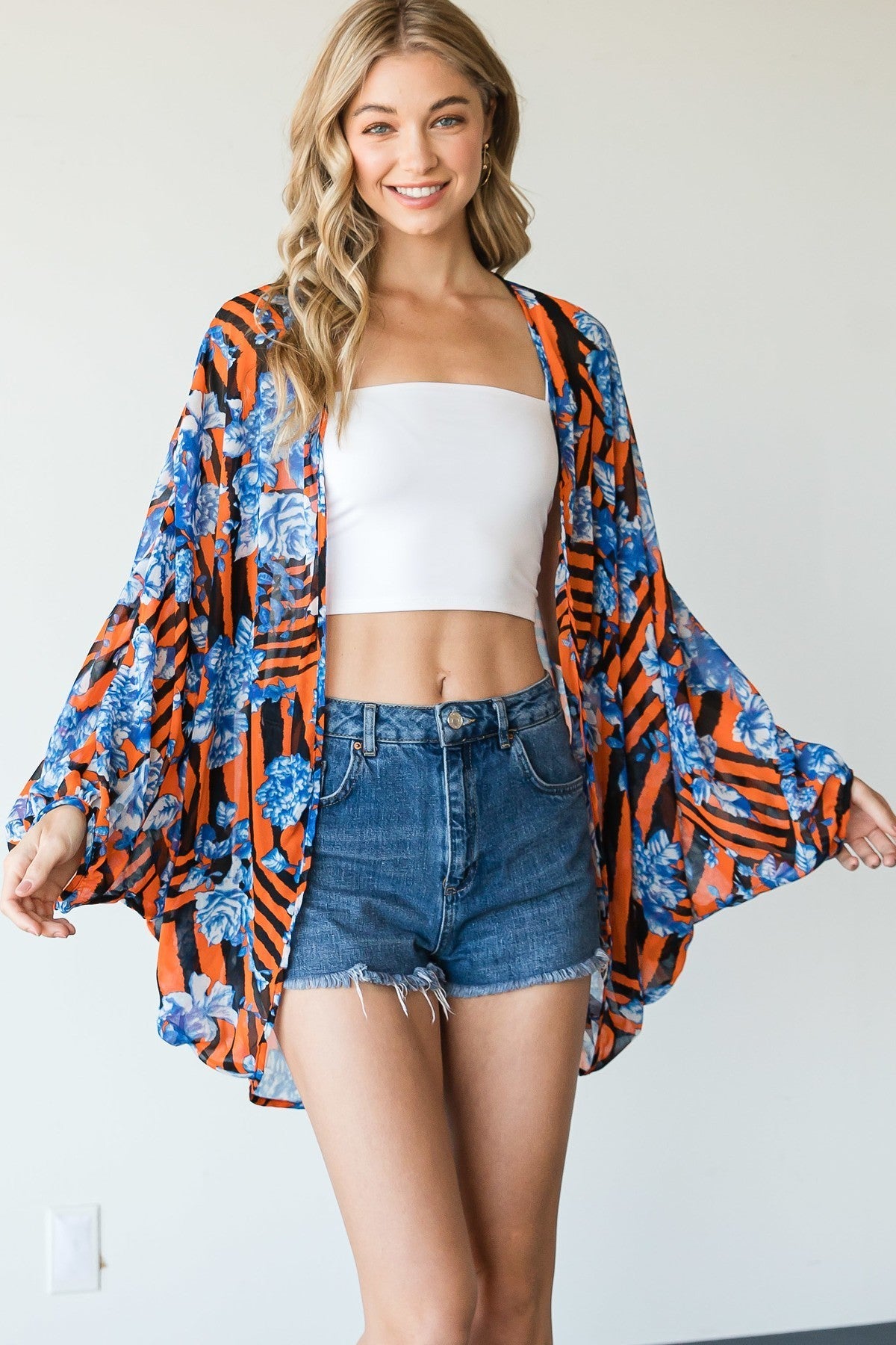 Women's Stripes Floral Printed Kimono Duster Cardigan Beach Outdoor Casual Top