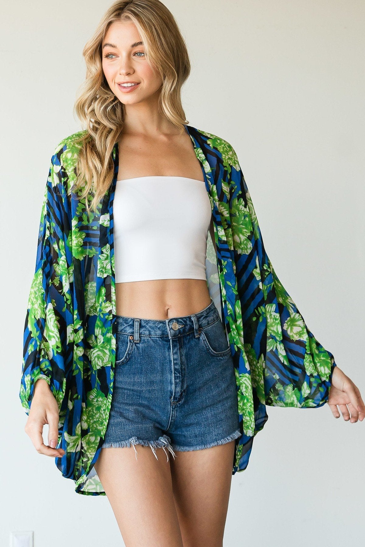 Women's Stripes Floral Printed Kimono Duster Cardigan Beach Outdoor Casual Top
