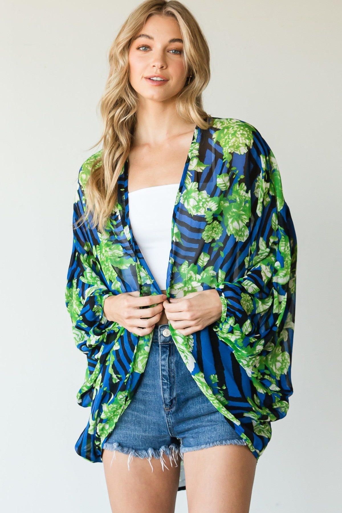 Women's Stripes Floral Printed Kimono Duster Cardigan Beach Outdoor Casual Top