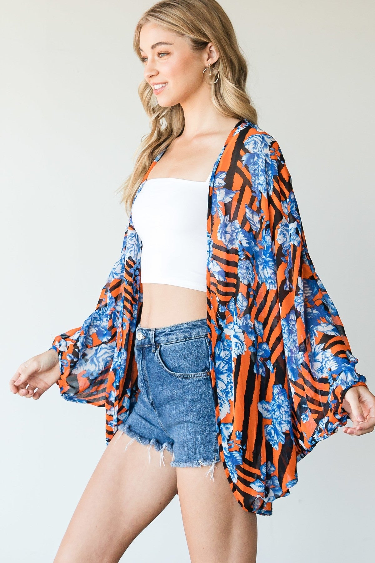 Women's Stripes Floral Printed Kimono Duster Cardigan Beach Outdoor Casual Top