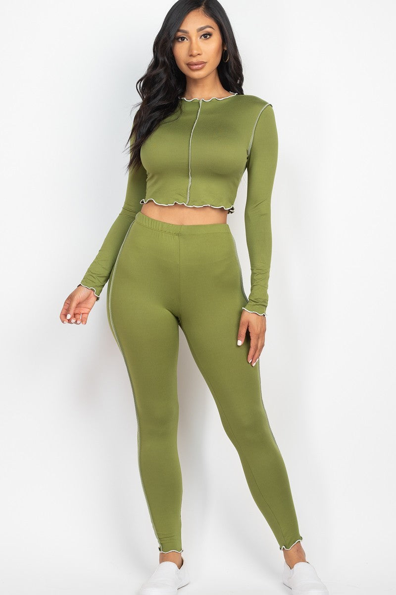 Women Lettuce Edge Crop Top & Leggings Pants Stretch Gym Workout Loungewear Set