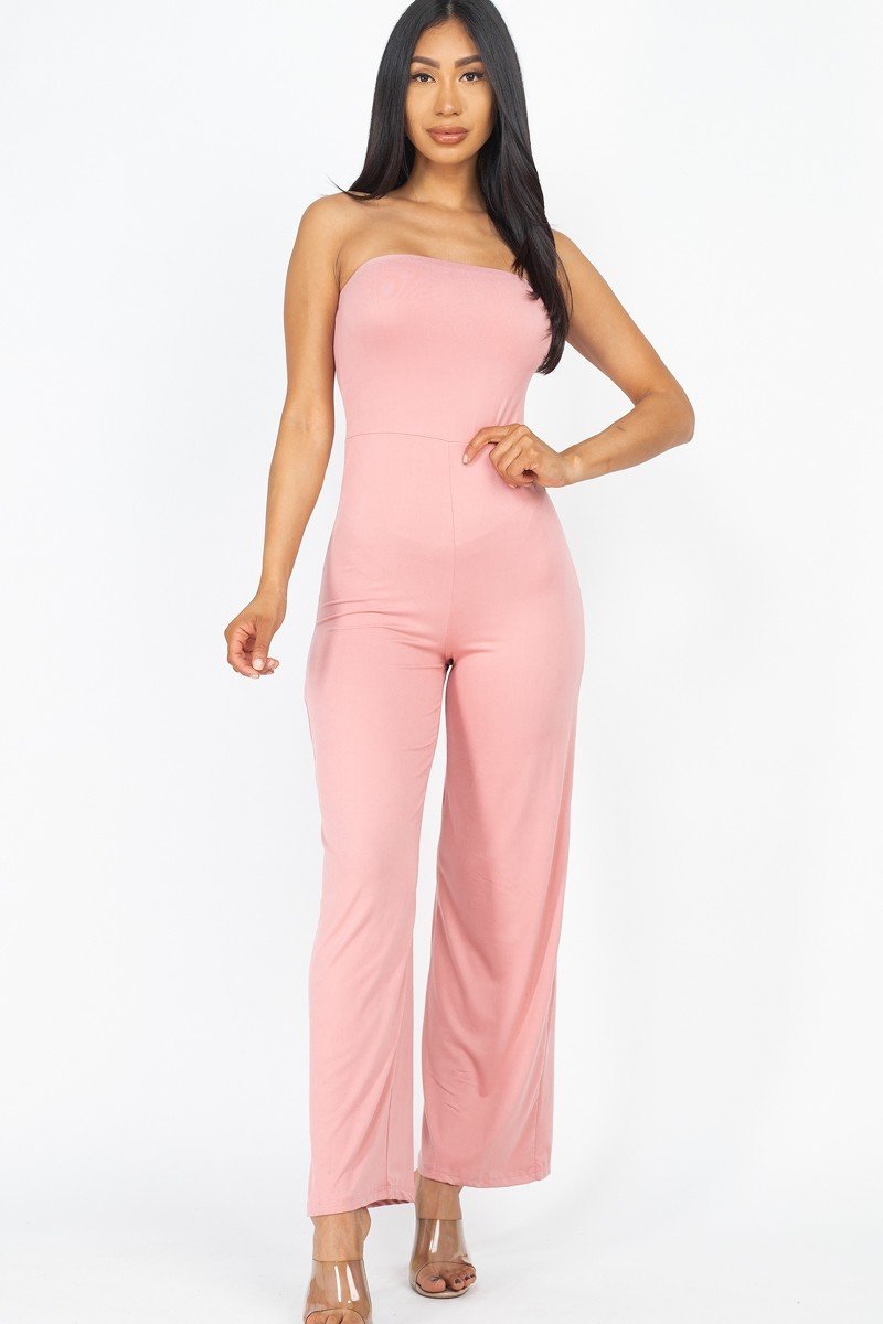 Women's Solid Strapless Jumpsuit Stretch Knit Wide Leg (Mauve)