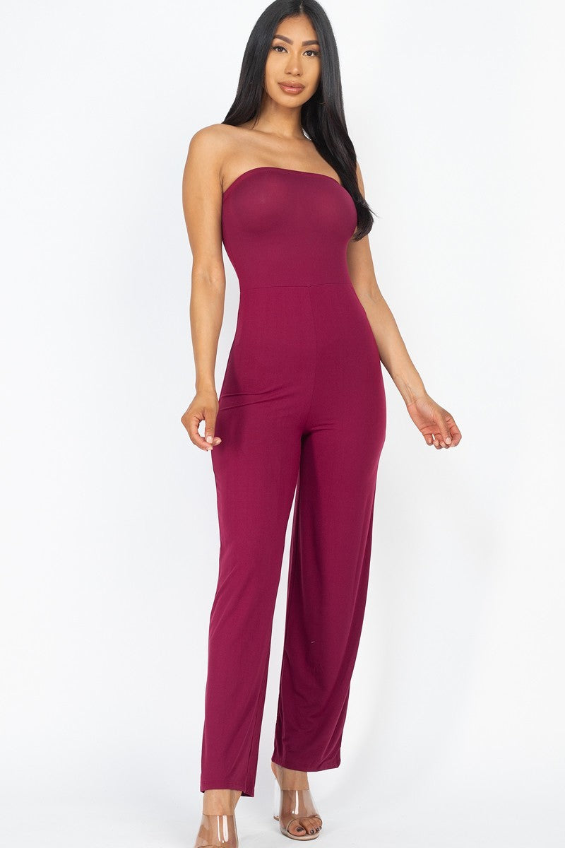 Women's Solid Strapless Jumpsuit Stretch Knit Wide Leg (Burgundy)
