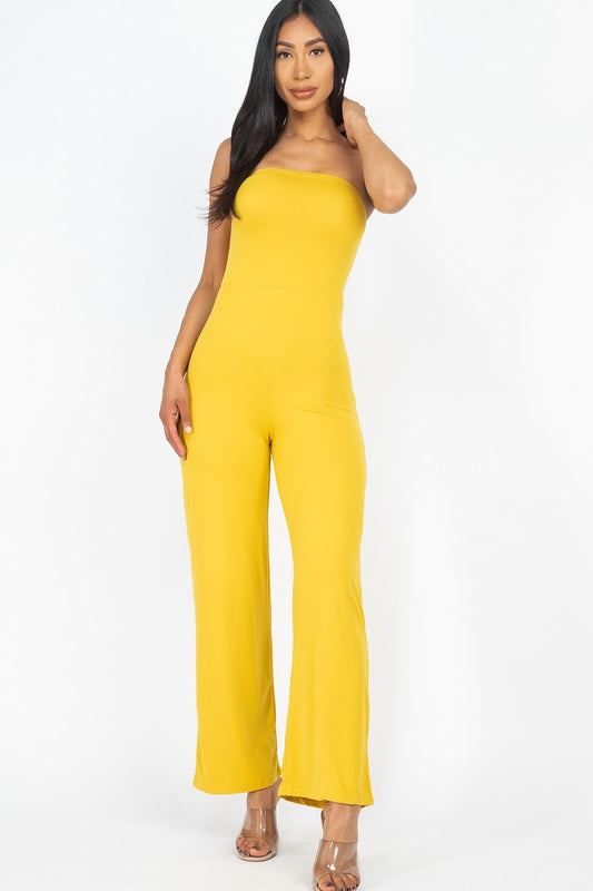 Women's Solid Strapless Jumpsuit Stretch Knit Wide Leg (Mustard)