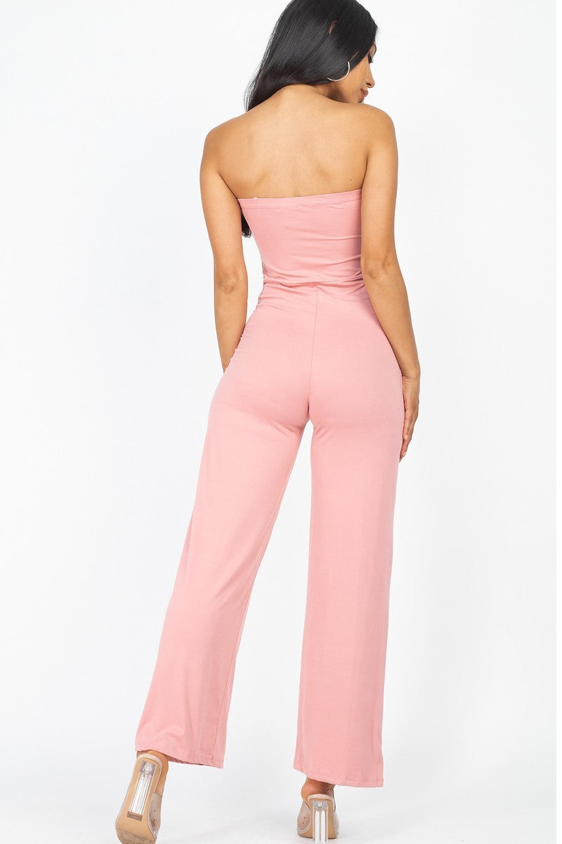 Women's Solid Strapless Jumpsuit Stretch Knit Wide Leg (Mauve)