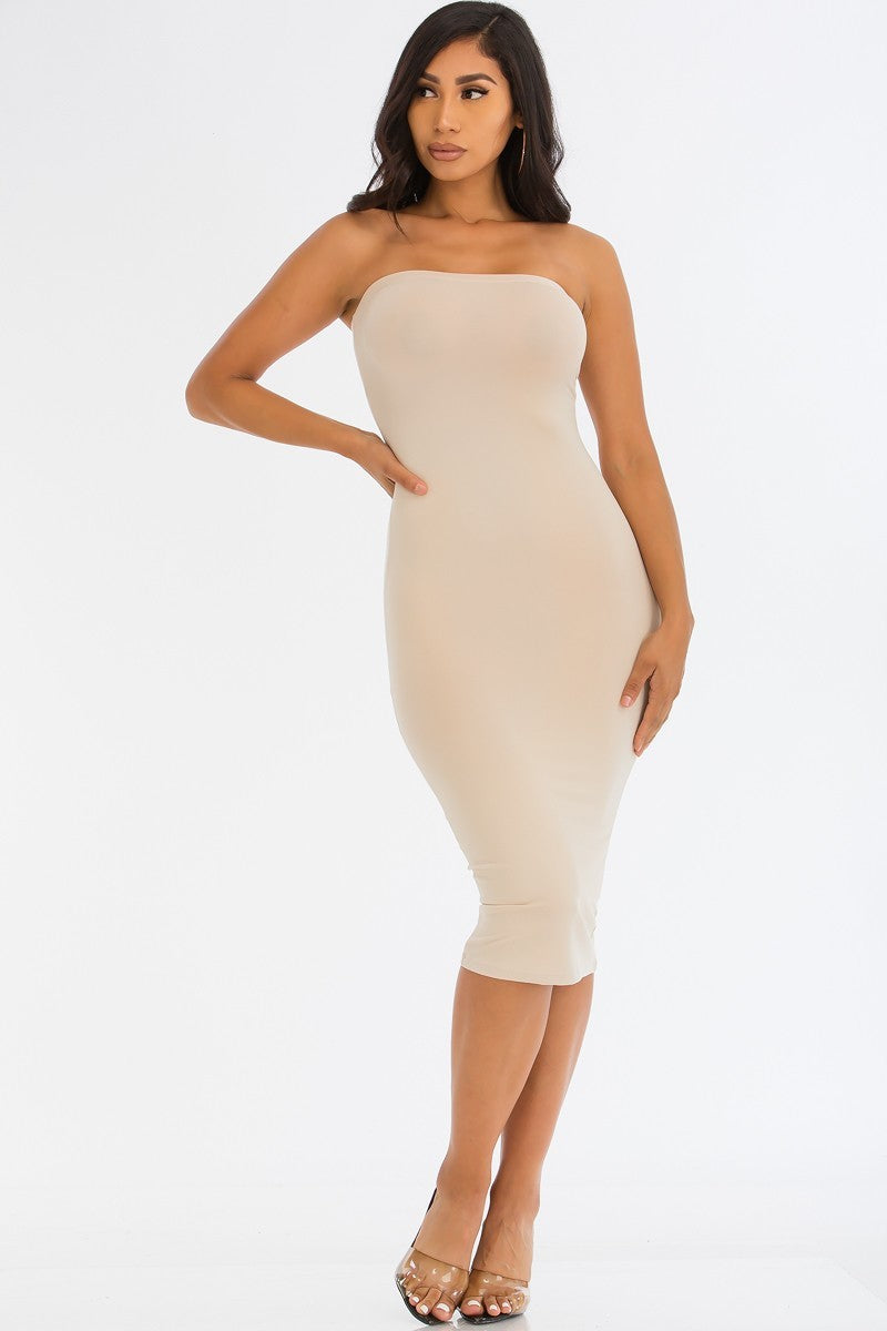 Women's Tube Bodycon Club Sleeveless Soft Stretchy Midi Dress - Khaki