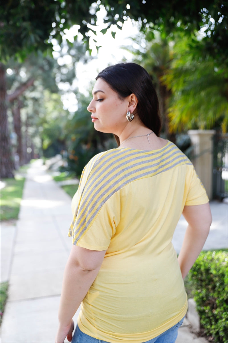 Women Plus Round Neck T-Shirt Rayon Knit Stripe Short Sleeve Soft Top (1X,2X,3X)