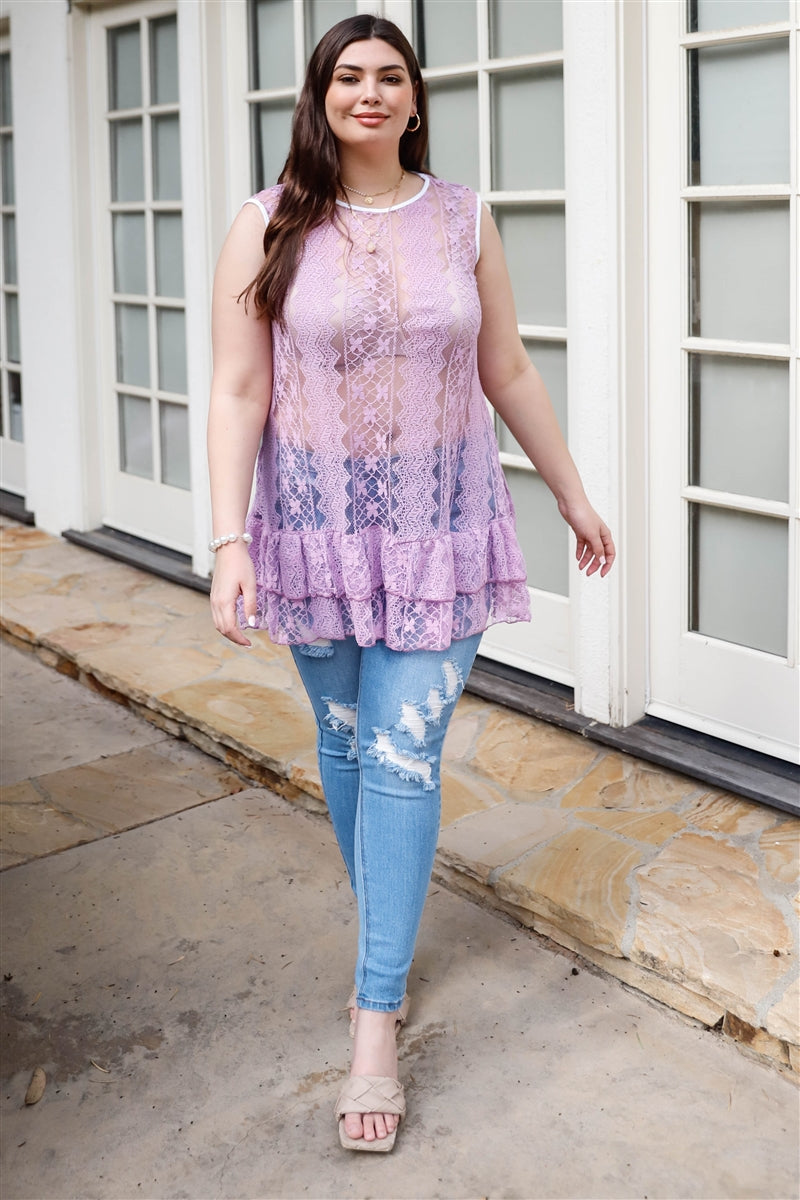 Women Round Neck Lace Sheer Tunic Top Sleeveless Ruffle Hem Blouse (1X,2X,3X)
