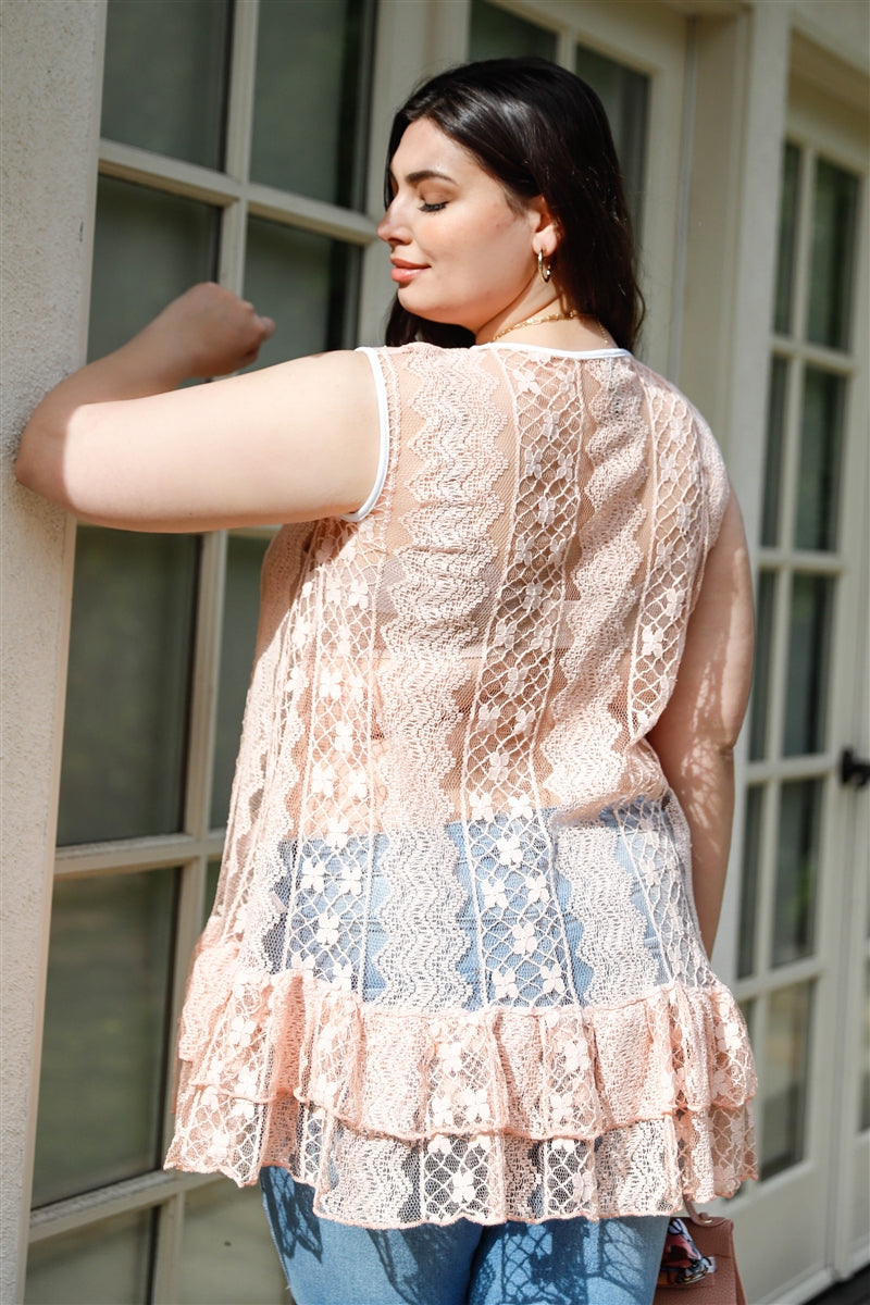 Women Round Neck Lace Sheer Tunic Top Sleeveless Ruffle Hem Blouse (1X,2X,3X)