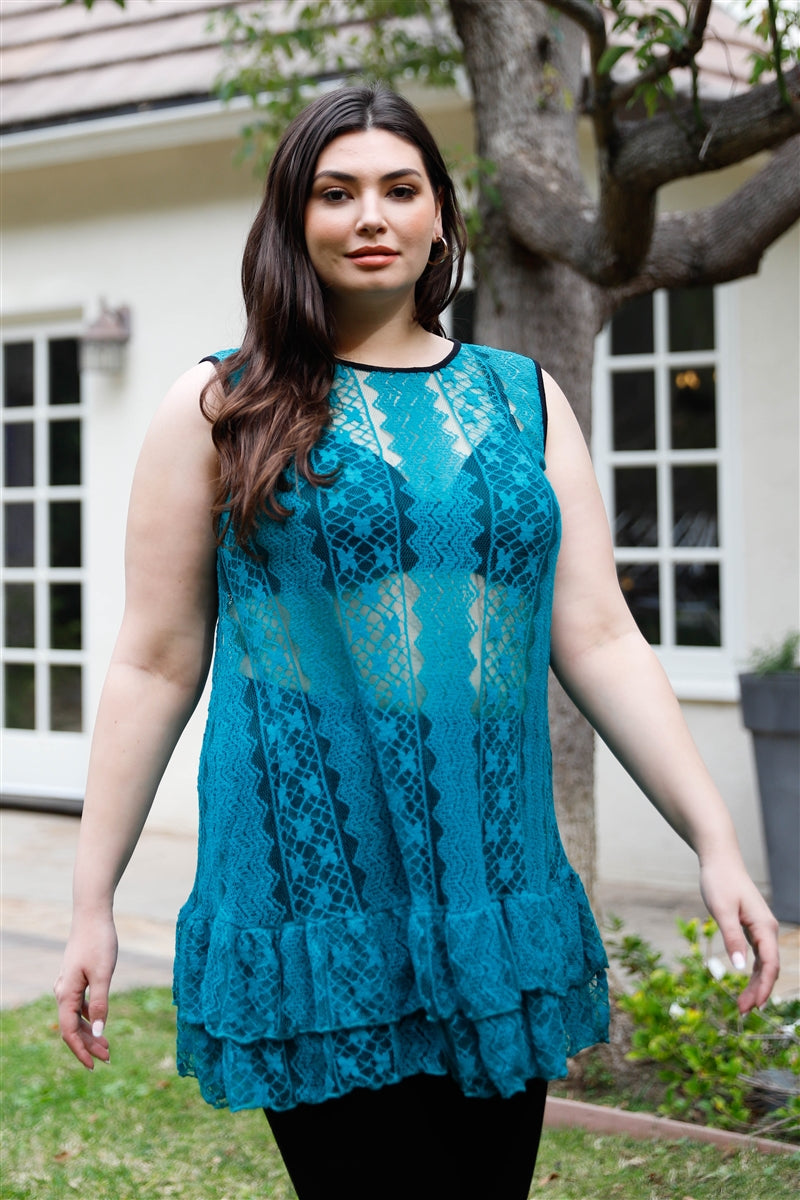 Women Round Neck Lace Sheer Tunic Top Sleeveless Ruffle Hem Blouse (1X,2X,3X)