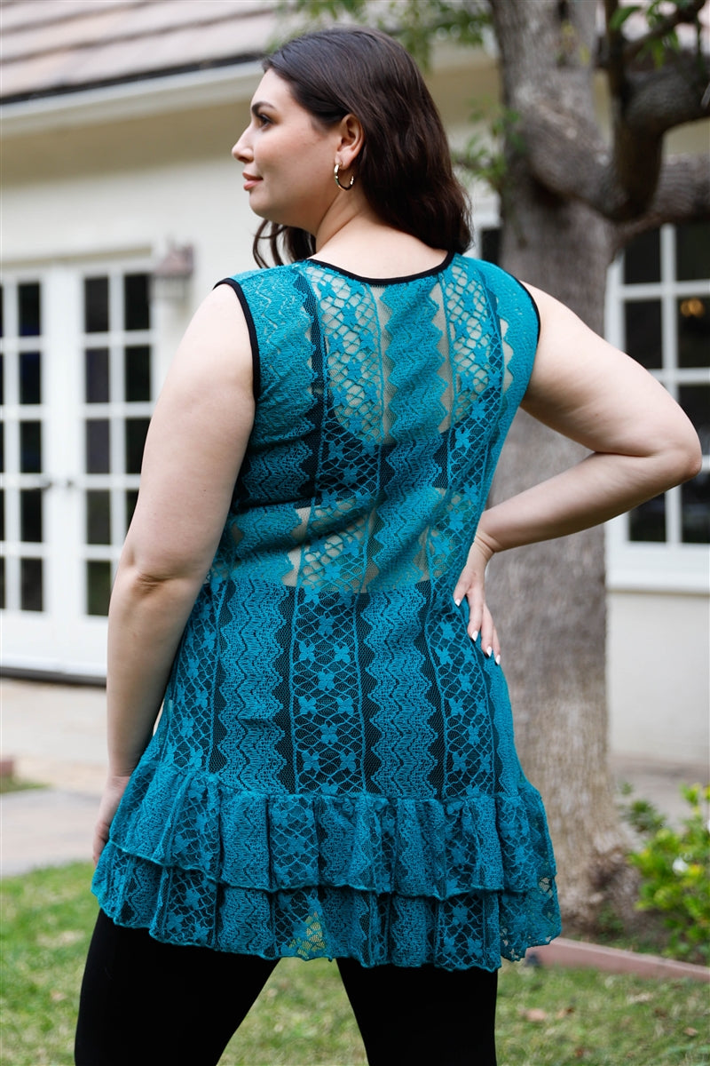 Women Round Neck Lace Sheer Tunic Top Sleeveless Ruffle Hem Blouse (1X,2X,3X)