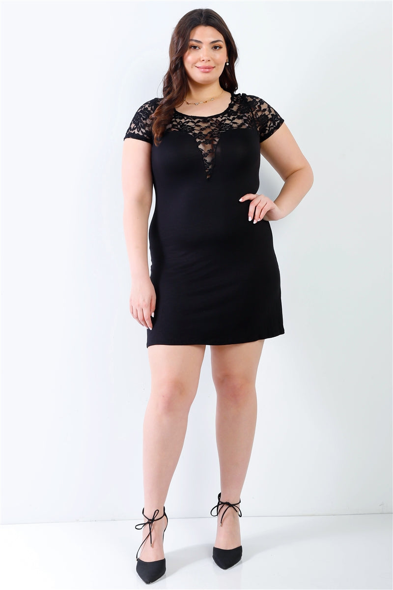 Women Rayon Lace Mini T-Shirt Dress Bodycon Round Neck Short Sleeve (1X,2X,3X)