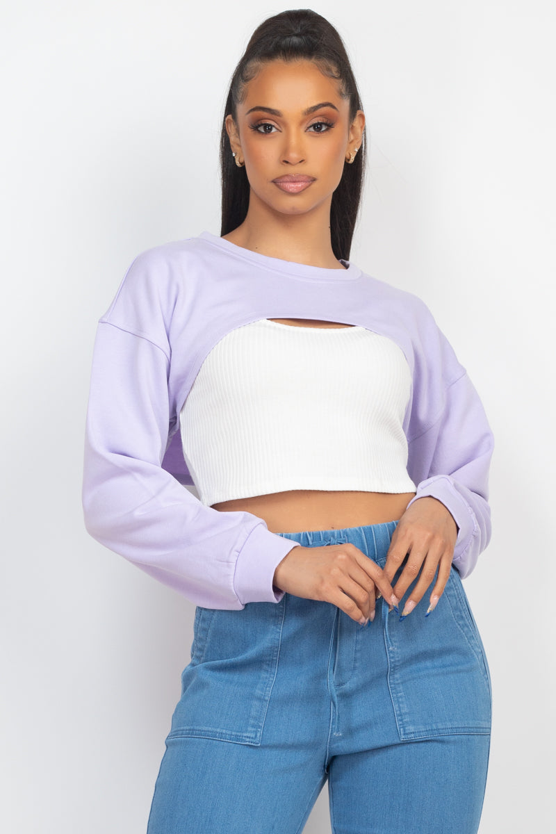 Women's Ribbed Cropped Top & Open Bust Shrug Sweater Set Long Sleeves Soft Knit