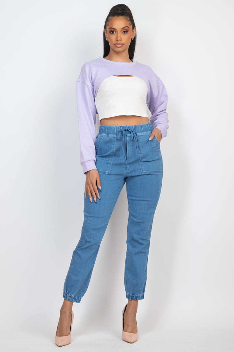 Women's Ribbed Cropped Top & Open Bust Shrug Sweater Set Long Sleeves Soft Knit