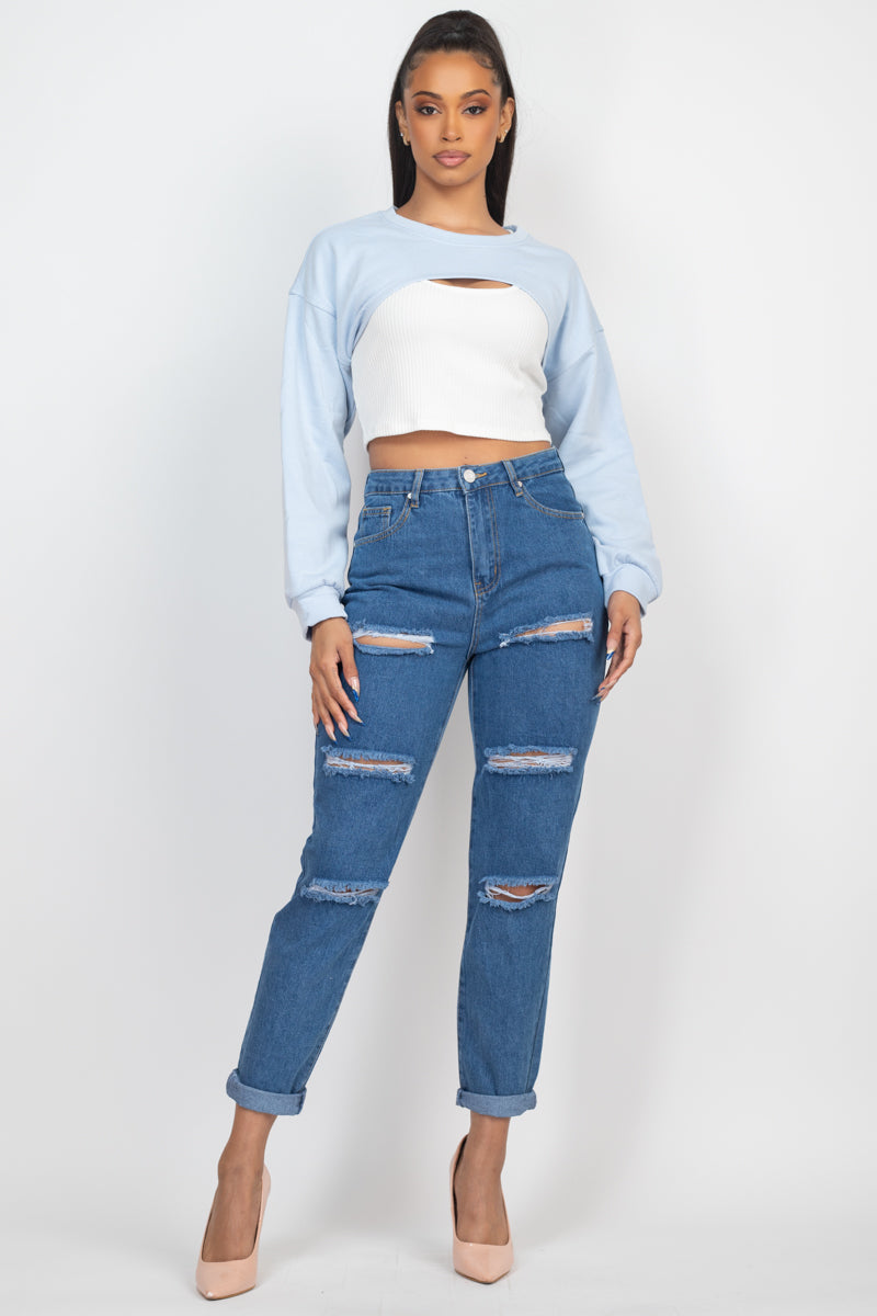 Women's Ribbed Cropped Top & Open Bust Shrug Sweater Set Long Sleeves Soft Knit