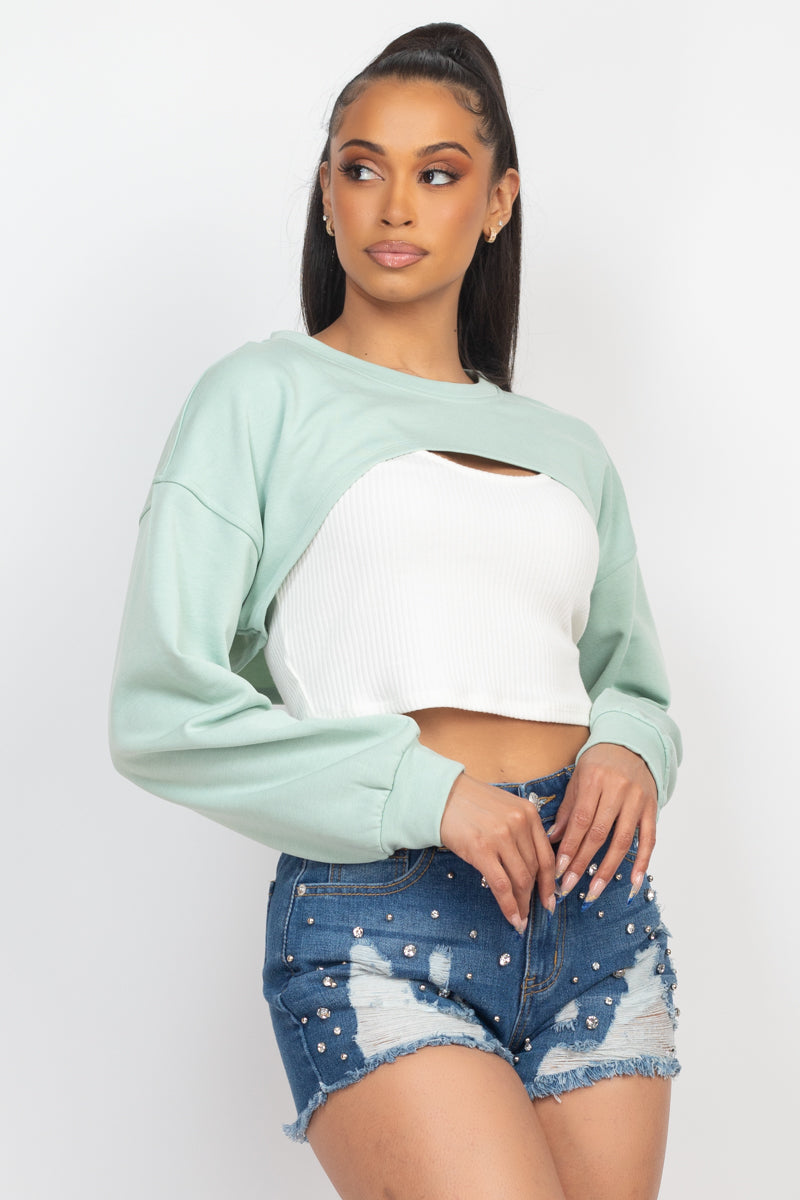Women's Ribbed Cropped Top & Open Bust Shrug Sweater Set Long Sleeves Soft Knit