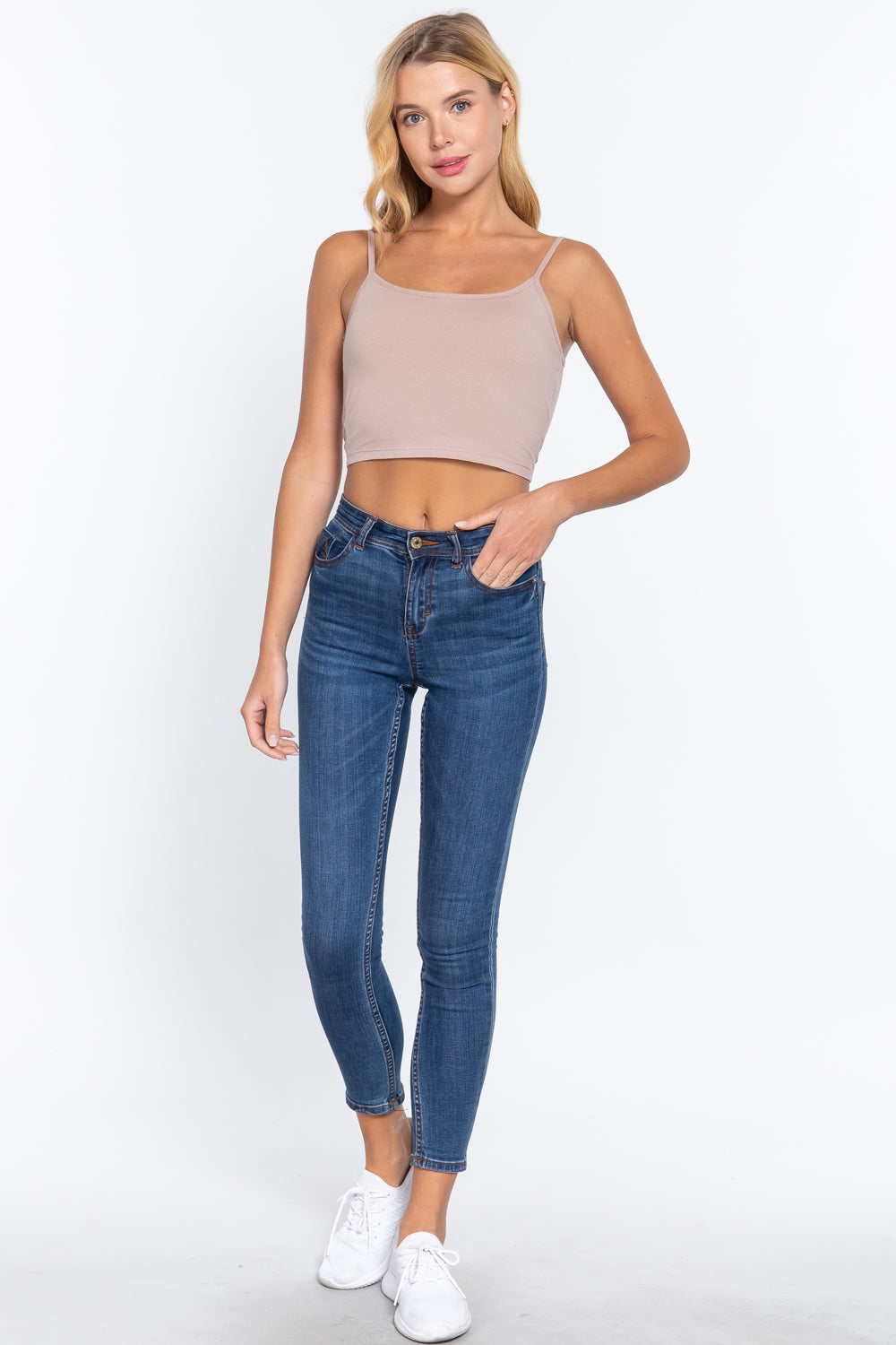 Women's Round Neck Removable Bra Cup Cotton Crop Top Cami Tank Adjustable Straps