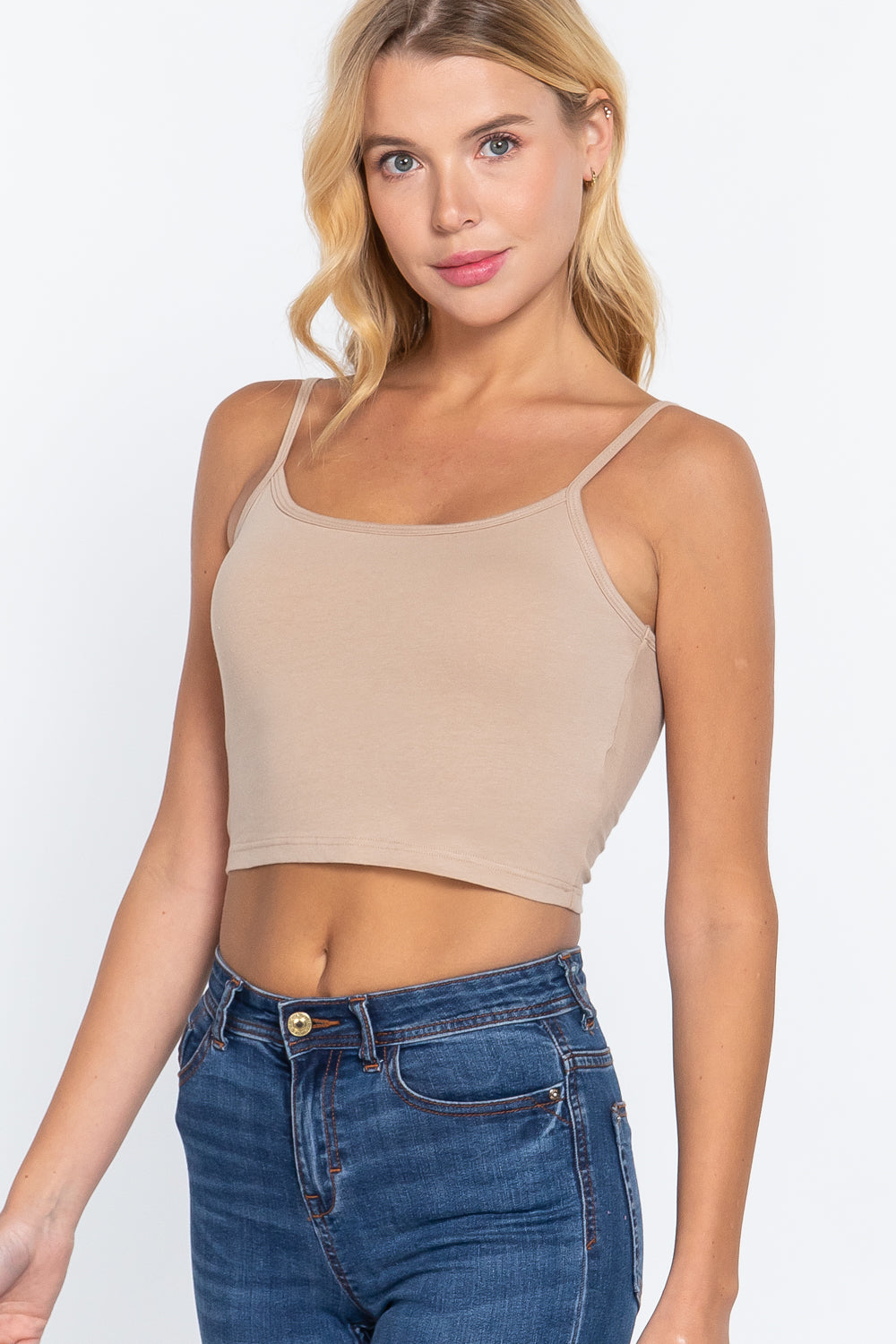 Women's Round Neck Removable Bra Cup Cotton Crop Top Cami Tank Adjustable Straps