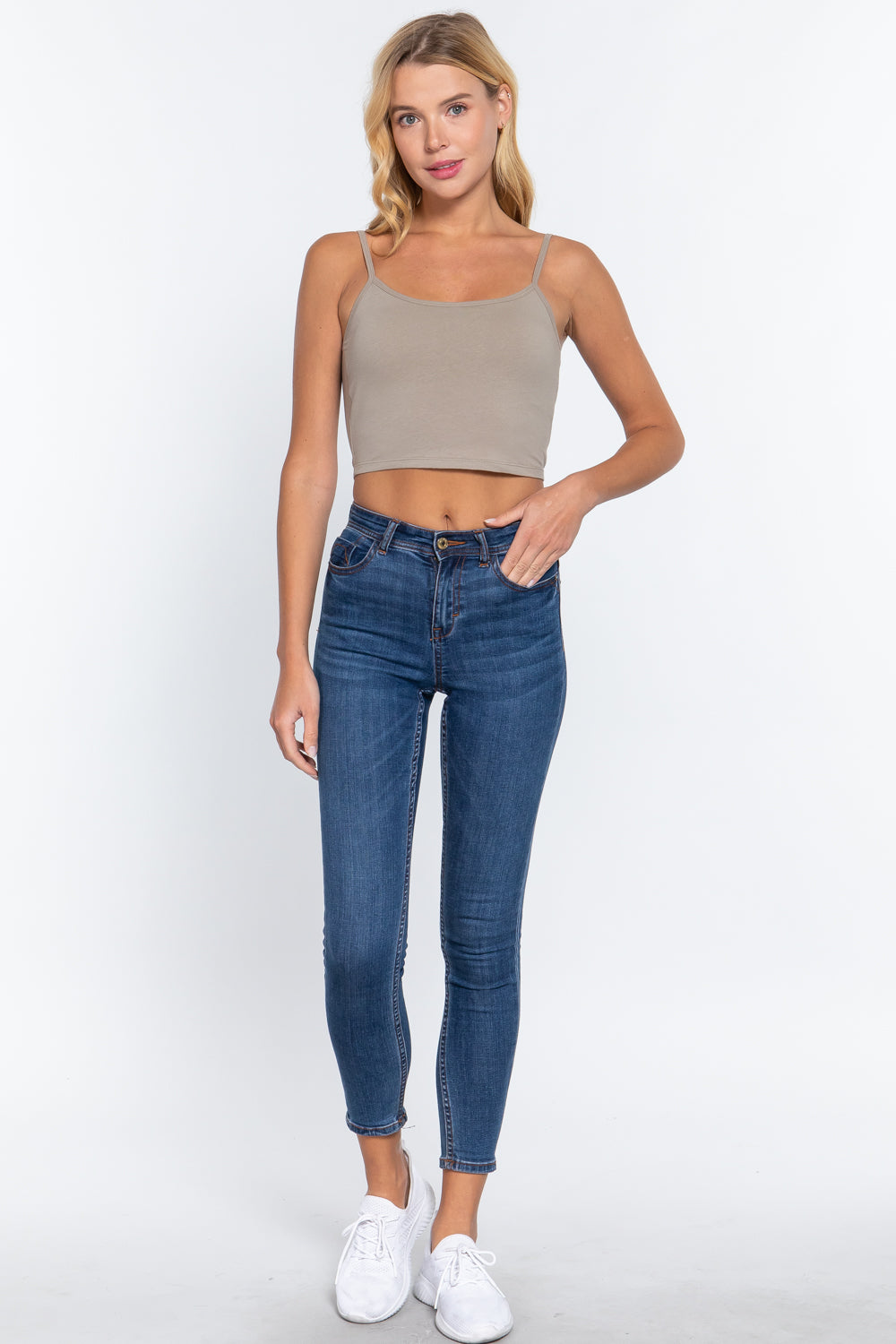 Women's Round Neck Removable Bra Cup Cotton Crop Top Cami Tank Adjustable Straps