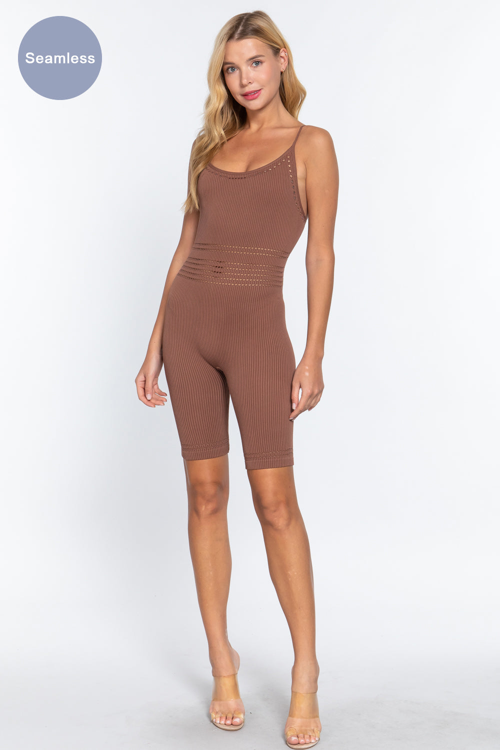Women's Round Neck Pointelle Seamless Rib Romper Jumpsuit Bodysuit Tank Top Yoga