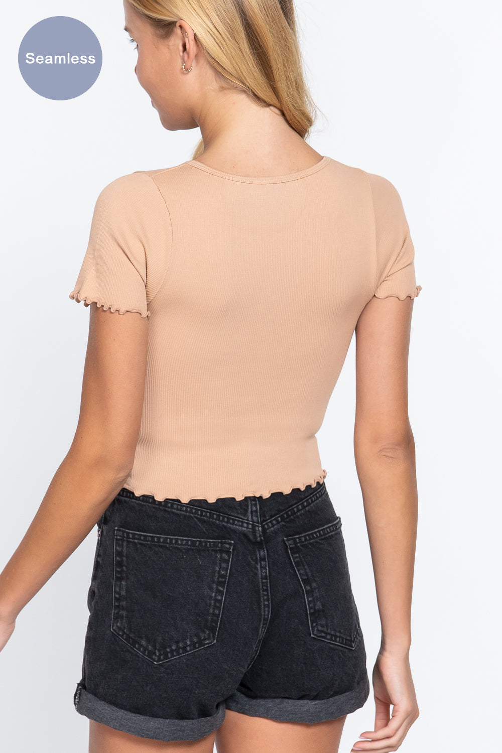 Women's Short Sleeve V-neck Ruched Lettuce Edge Seamless Rib Top Soft T-Shirt