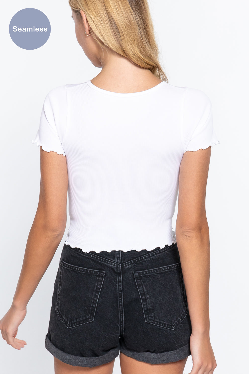 Women's Short Sleeve V-neck Ruched Lettuce Edge Seamless Rib Top Soft T-Shirt