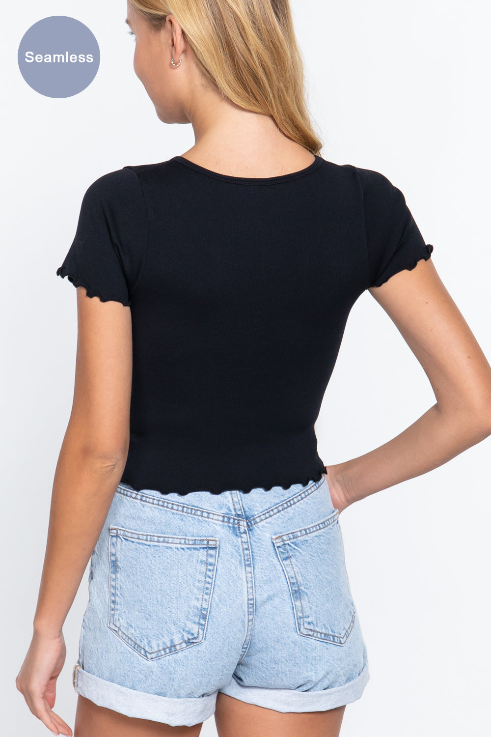 Women's Short Sleeve V-neck Ruched Lettuce Edge Seamless Rib Top Soft T-Shirt