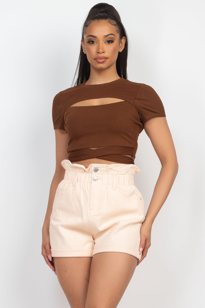 Women's Round Neck Crop Top T-Shirt Self-tie Ribbon Rib Front Cutout Tee Solid