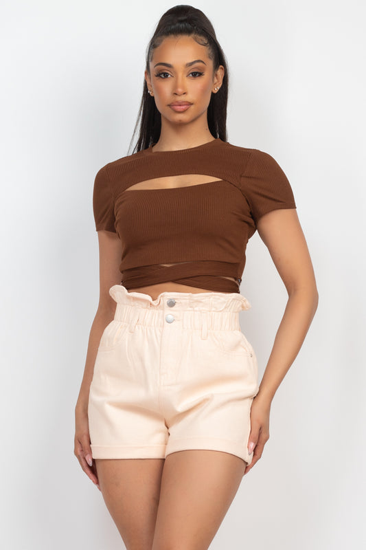 Women's Round Neck Crop Top T-Shirt Self-tie Ribbon Rib Front Cutout Tee Solid